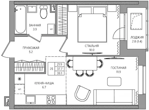 2-к кв. Пермский край, Пермь Батумская ул., 21 (39.1 м)