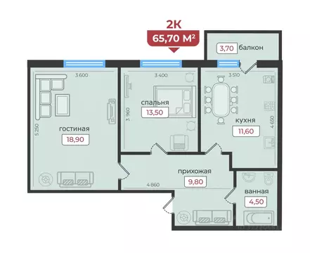 2-к кв. Ставропольский край, Ставрополь ул. Рогожникова, 21 (65.7 м)