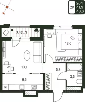 Студия Пермский край, Пермь ул. Серебристая, 1 (43.6 м)