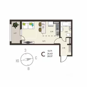 Студия Воронежская область, с. Новая Усмань, Ольха мкр  (28.57 м)