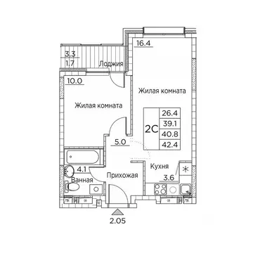 2-к кв. Приморский край, Владивосток ул. Расула Гамзатова, 7к3 (42.4 ...