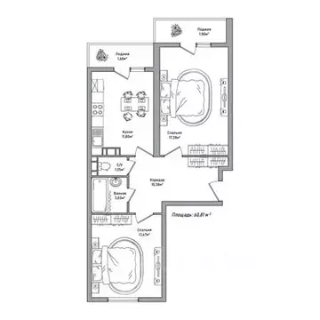 2-к кв. Ярославская область, Ярославль 2-й мкр,  (60.81 м)