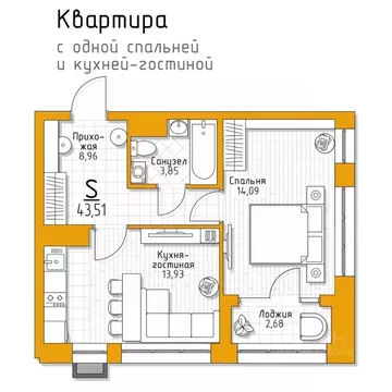 1-к кв. Тульская область, Тула 5 Баллов жилой комплекс (43.51 м)