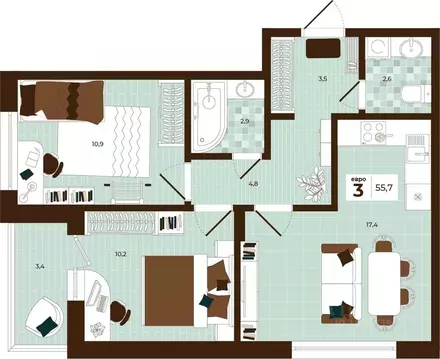 3-к кв. Тульская область, Тула ул. Академика Насоновой, 3 (55.7 м)