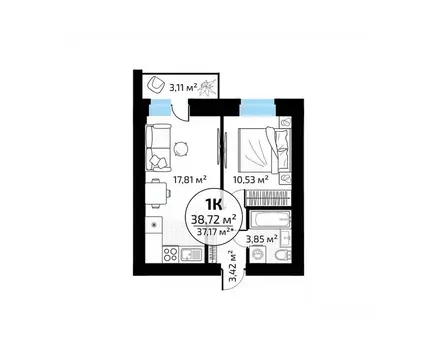 1-к кв. Самарская область, Самара пос. Мехзавод, 1-й кв-л, 50 (38.72 ...