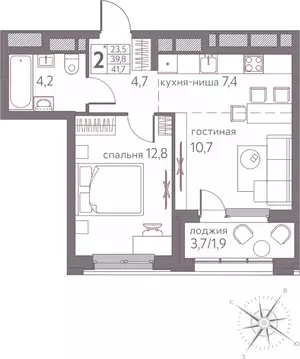 Студия Пермский край, Пермь ул. Серебристая, 3 (41.7 м)