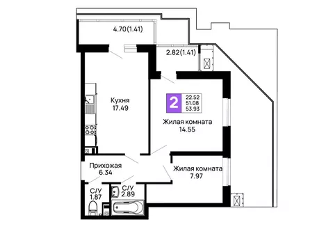 2-к кв. Адыгея, Майкоп 9 Мая ул., 14А (53.93 м)