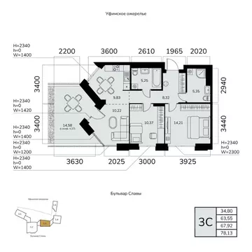 3-к кв. Башкортостан, Уфа ул. Чудинова (67.92 м)