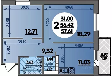 2-к кв. Ростовская область, Ростов-на-Дону ул. Юрия Дубинина, 5 (57.61 ...