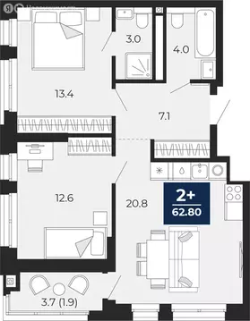 2-комнатная квартира: Тюмень, проезд Капитана Куликова, 5 (64.6 м)