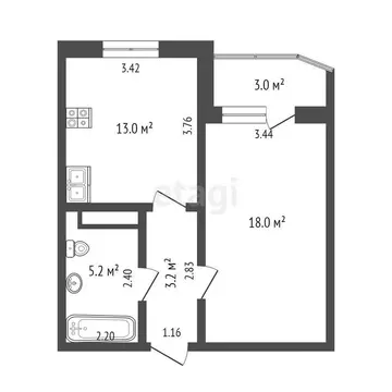 1-комнатная квартира: Тюмень, улица Монтажников, 38 (39.6 м)