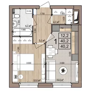 1-к кв. Рязанская область, Рязань ул. Новоселов, 33Б (40.2 м)