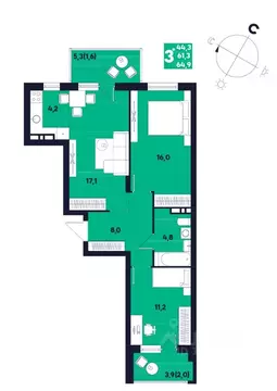 Студия Пермский край, д. Кондратово ул. Улановой, 6 (64.9 м)