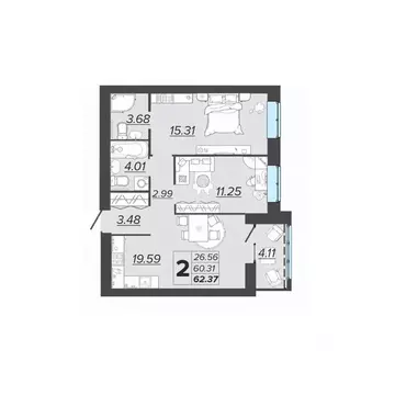 2-к кв. Брянская область, Брянск Архитектор жилой комплекс (62.37 м)