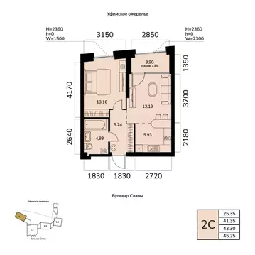 2-к кв. Башкортостан, Уфа ул. Чудинова (43.3 м)