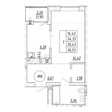1-к кв. Калининградская область, Зеленоградск  (36.53 м)