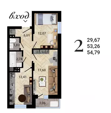 2-к кв. Воронежская область, Воронеж ул. Антонова-Овсеенко, 35С (54.79 ...