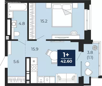 1-комнатная квартира: Тюмень, улица Тимофея Чаркова, 77 (45.3 м)