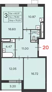 3-к кв. Москва Полярная ул., 16К1 (75.23 м)