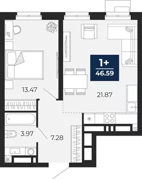 1-комнатная квартира: Тюмень, ЖК Айвазовский Сити (46.59 м)