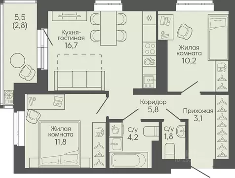 2-к кв. Волгоградская область, Волгоград Трехгорная ул., 27 (56.4 м)