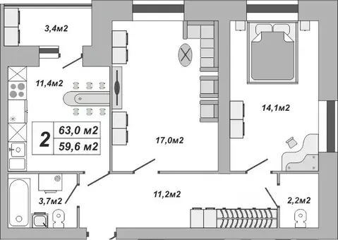 2-к кв. Тамбовская область, Тамбов ул. Чичерина, 7/3 (63.0 м)