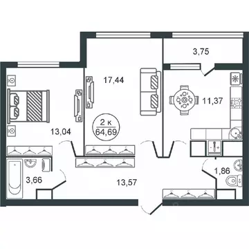 2-к кв. Тверская область, Тверь Южный мкр,  (64.69 м)