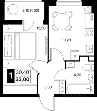 1-к кв. Ростовская область, Ростов-на-Дону Эстет жилой комплекс (32.0 ...