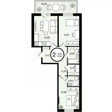 2-к кв. Тюменская область, Тюмень ул. Александра Звягина, 2 (74.04 м)