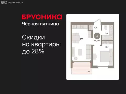 1-комнатная квартира: Екатеринбург, улица Советских Женщин (44.5 м)