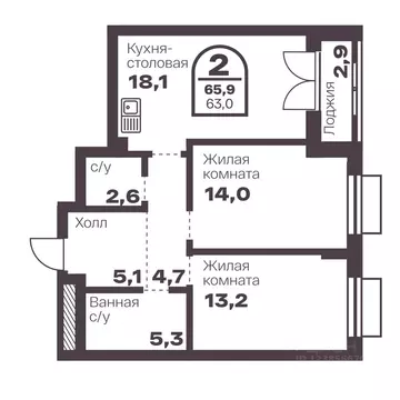 2-к кв. Челябинская область, Челябинск просп. Ленина, 19В (63.0 м)