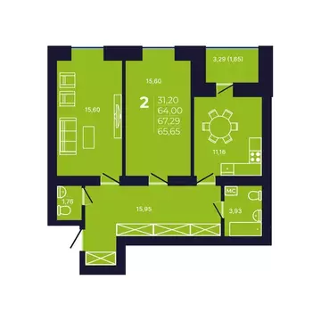 2-комнатная квартира: Уфа, улица Михаила Зайцева, 8 (66.1 м)