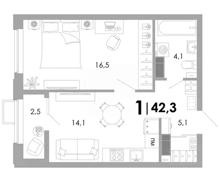 1-к кв. Владимирская область, Владимир Уно жилой комплекс (42.3 м)