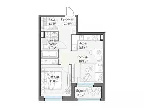 1-к кв. Московская область, Мытищи Белый Grad жилой комплекс (42.7 м)