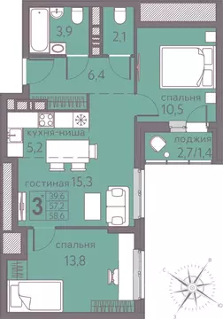 Студия Пермский край, Пермь ул. Серебристая, 5 (58.6 м)