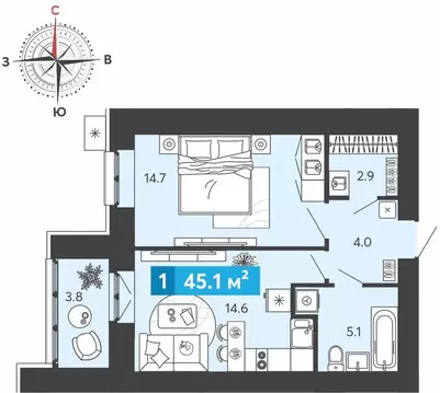 1-комнатная квартира: Засечное, микрорайон Город Спутник (45.1 м)