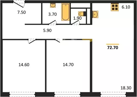 Квартира, 2 комнаты, 72.7 м