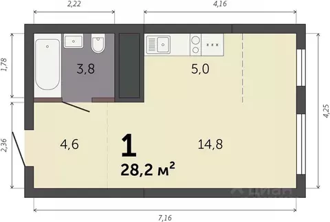 Студия Свердловская область, Екатеринбург Южный жилрайон,  (28.2 м)