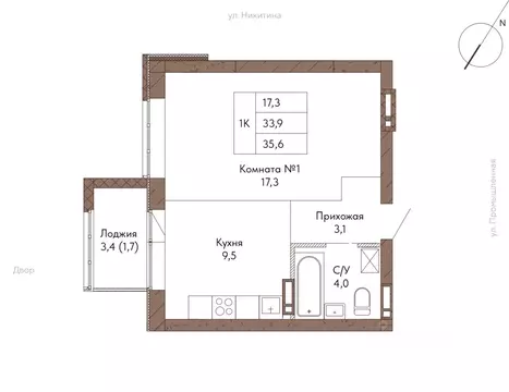 1-к кв. Алтайский край, Барнаул ул. Никитина, 1 (35.5 м)