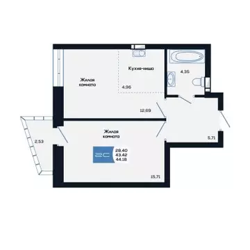 2-комнатная квартира: Новосибирск, улица Титова, 48 (44.18 м)