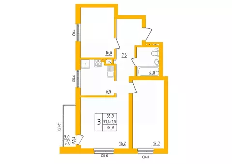 3-к кв. Башкортостан, Уфа Инорс-4Б мкр, Акварель жилой комплекс (58.5 ...