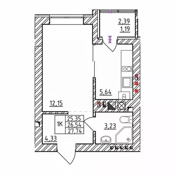 1-к кв. Калининградская область, Зеленоградск  (27.74 м)