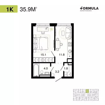 1-к кв. Башкортостан, Уфа Формула жилой комплекс (35.9 м)
