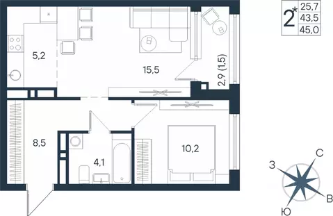 Студия Пермский край, Пермь ул. Космонавта Беляева, 17 (45.0 м)