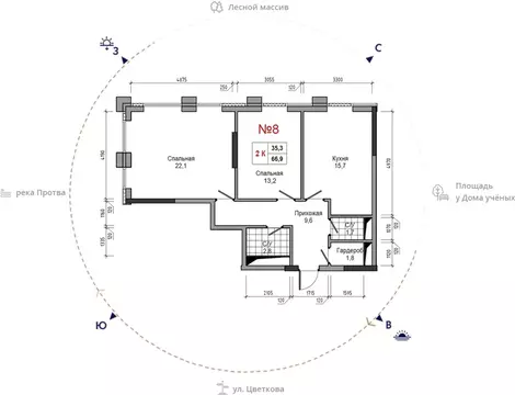 2-комнатная квартира: Обнинск, улица Усачёва, 4 (66.9 м)