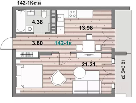 1-к кв. Калининградская область, Зеленоградск ул. Гагарина (47.18 м)
