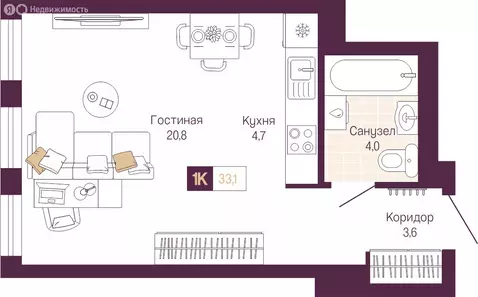 Квартира-студия: Нижний Новгород, Нижегородский район (33.1 м)