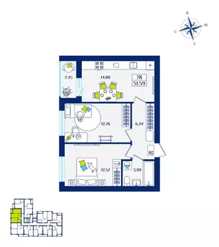 2-к кв. Калининградская область, Зеленоградск  (51.59 м)