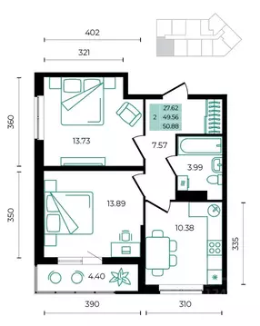 2-к кв. Адыгея, Майкопский район, пос. Тульский  (50.88 м)