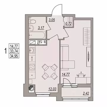 1-к кв. Волгоградская область, Волгоград ул. Дымченко, 9 (34.95 м)